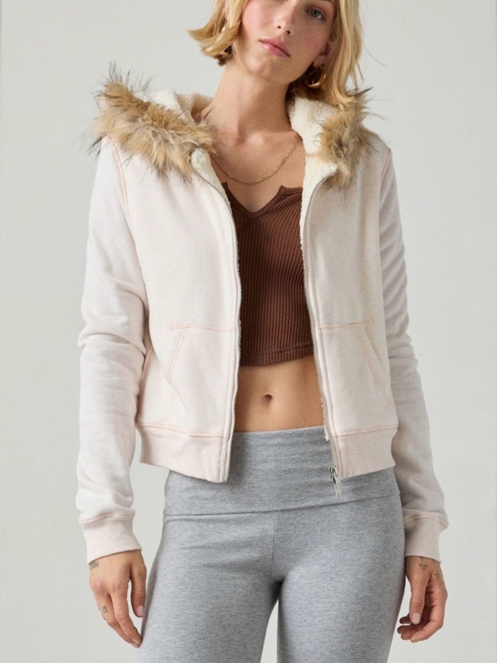 Out From Under Bundle Up Faux Fur Trim Zip-Up Hoodie Sweatshirt